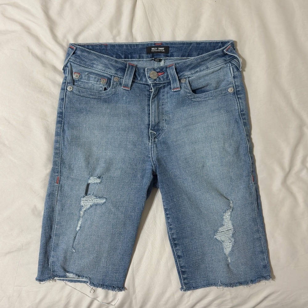 True Religion Riley Short Distressed Denim Bermuda Shorts Light Wash Blue